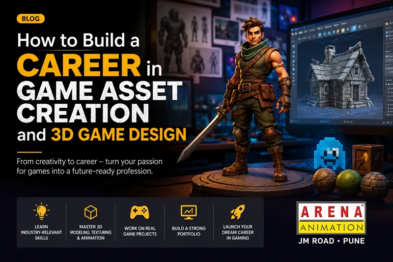 Student creating 3D game assets on computer at Arena Animation JM Road Pune